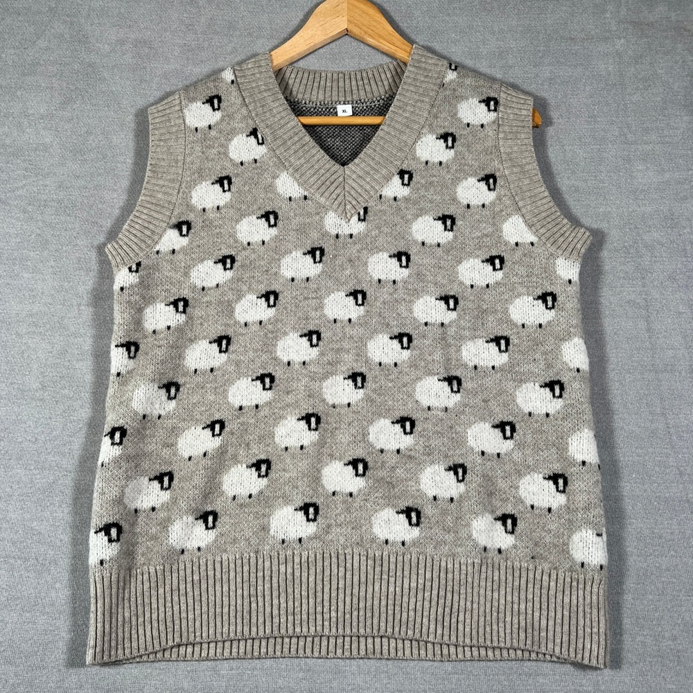 Unbranded Sheep Print V-Neck Knit Sweater Vest Women XL Gray White Black